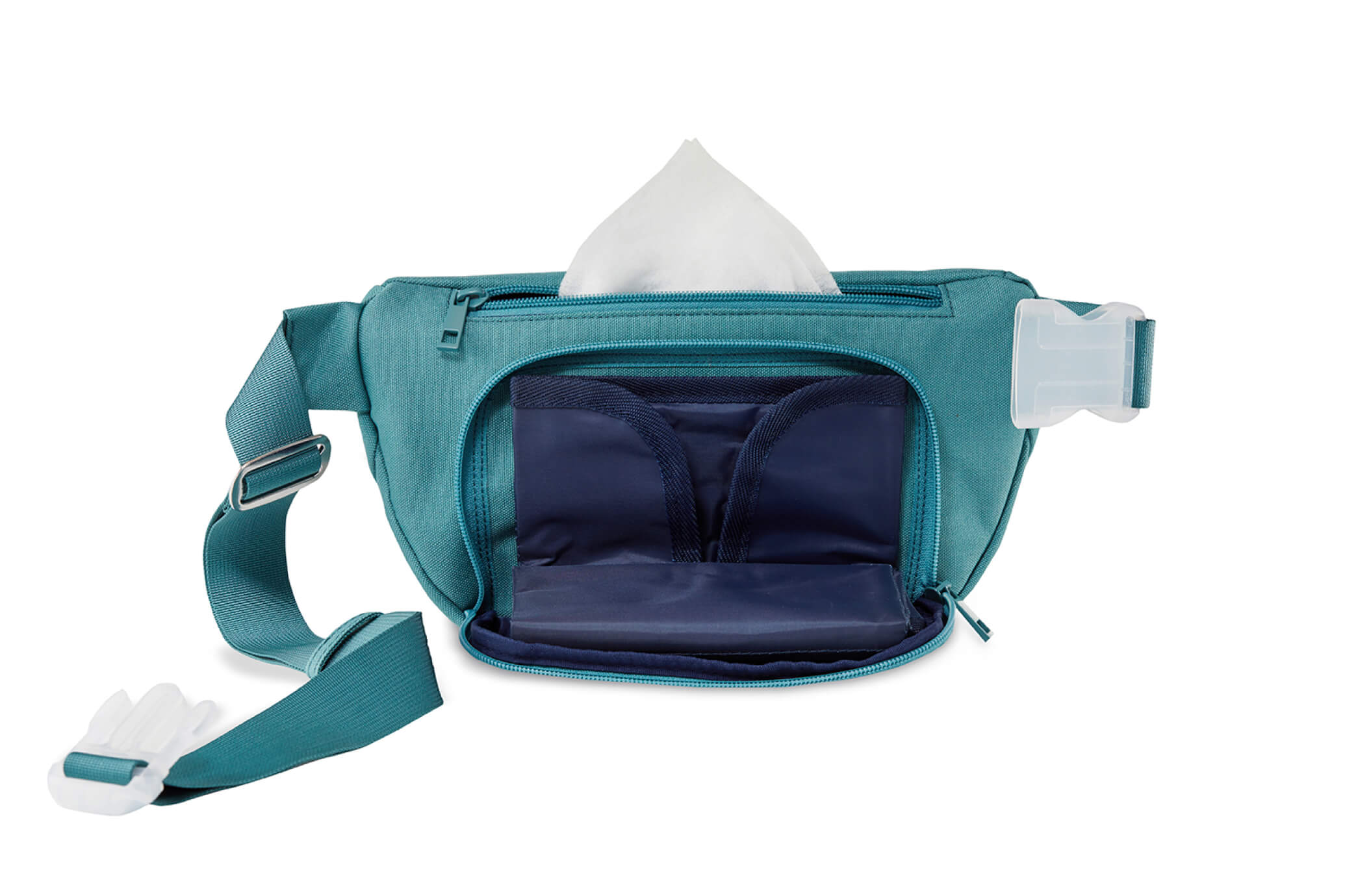 Fanny pack with a fold-out diaper bag compartment that can be swapped out with other accessories