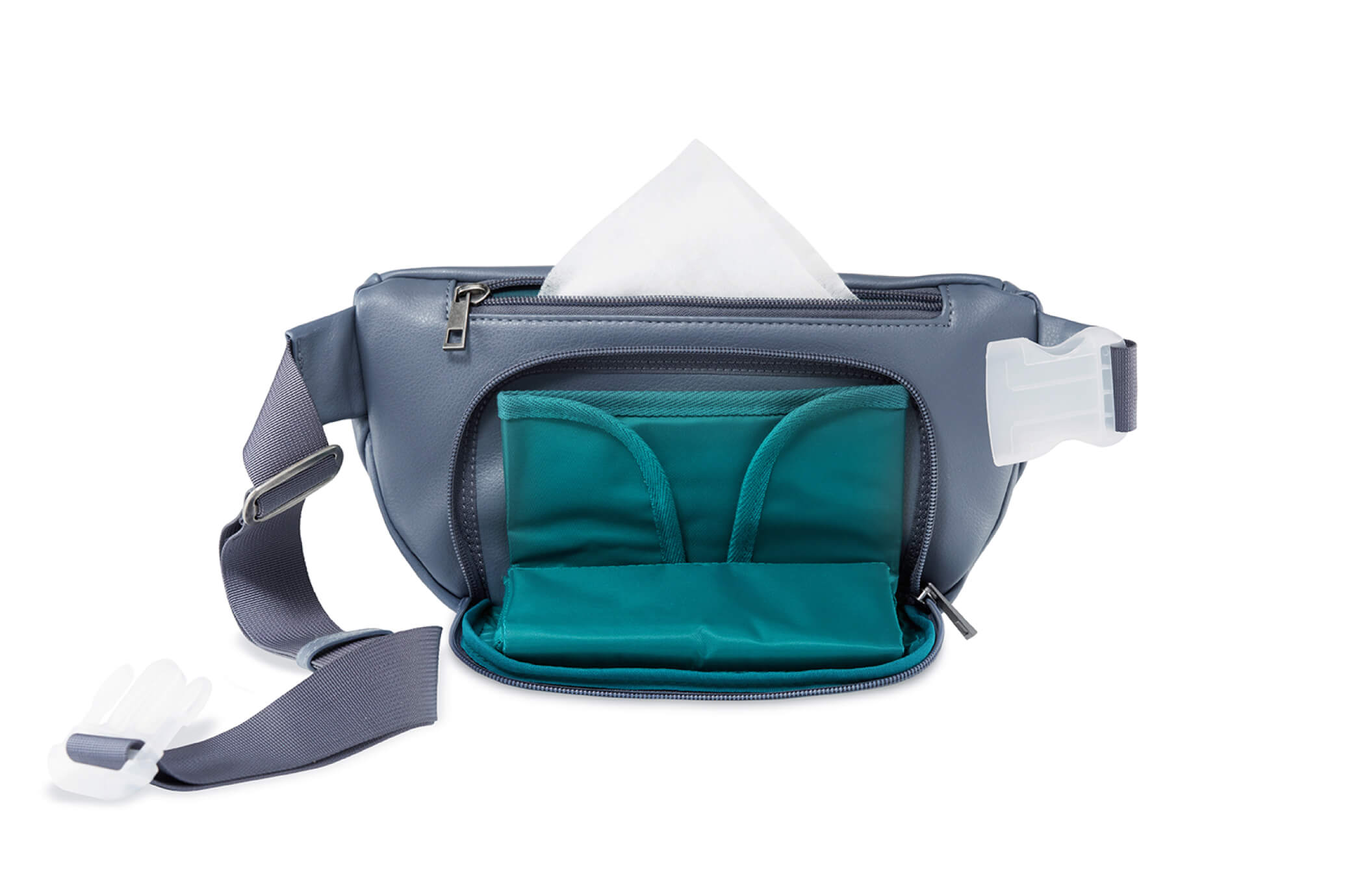 Fanny pack with a fold-out diaper bag compartment that can be swapped out with other accessories