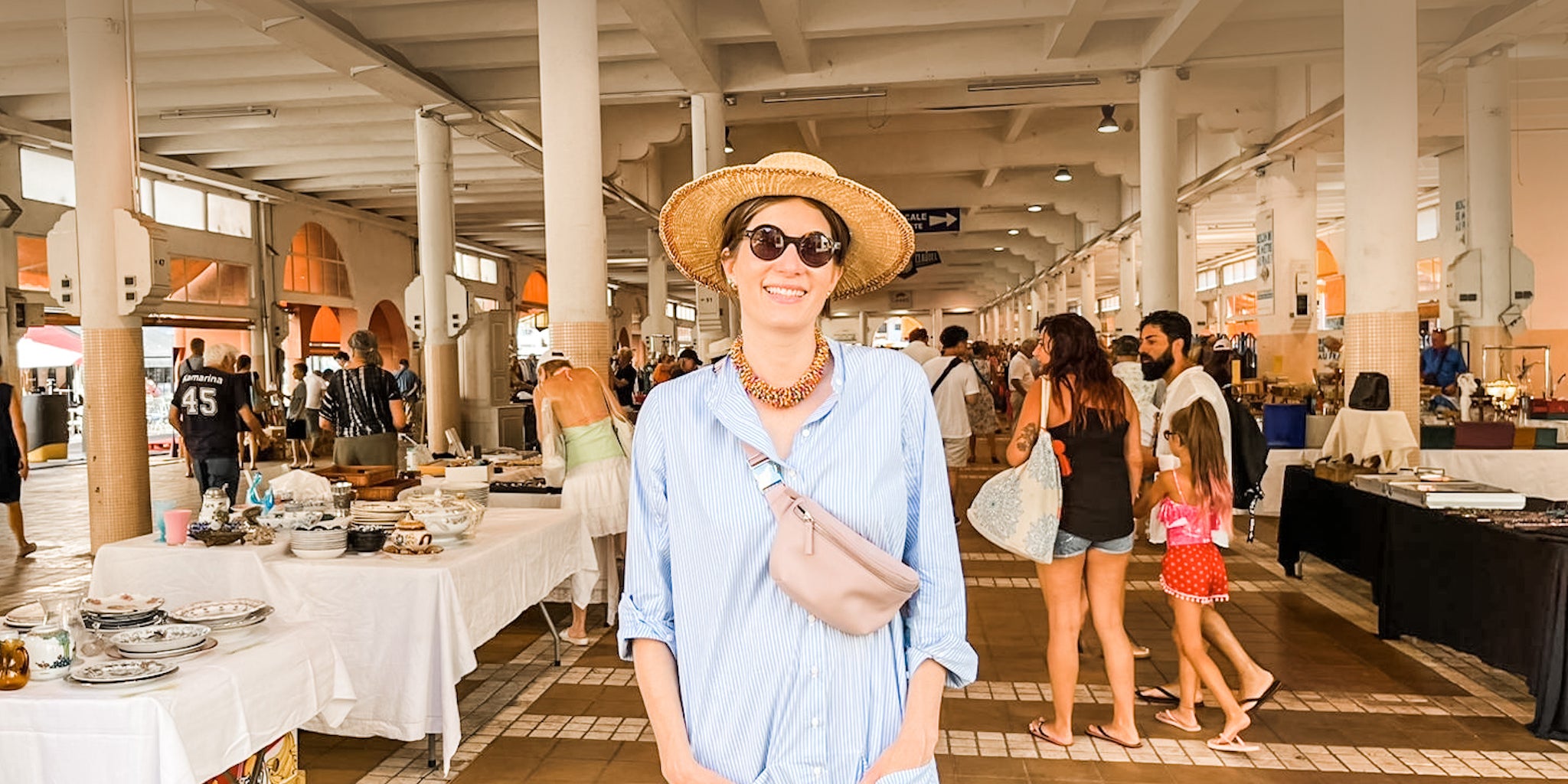 Mom with mini bag at flea market