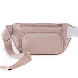 Our vegan leather diaper bag has 2 extra pouches on the back with easy open zippers for wet wipes and soiled belongings