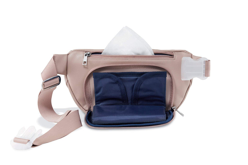 Fanny pack with a fold-out diaper bag compartment that can be swapped out with other accessories