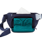 Fanny pack with a fold-out diaper bag compartment that can be swapped out with other accessories