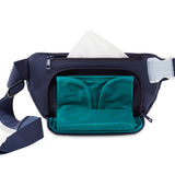 Fanny pack with a fold-out diaper bag compartment that can be swapped out with other accessories
