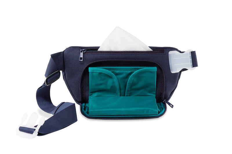 Fanny pack with a fold-out diaper bag compartment that can be swapped out with other accessories